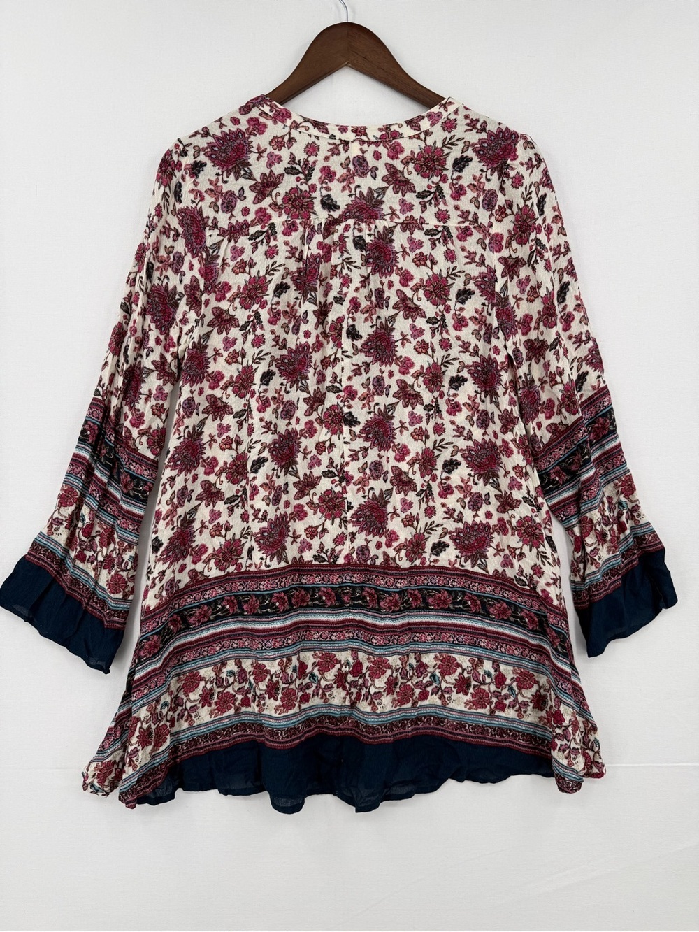 En Crème Floral Boho Dress Size S Bell Sleeve Tunic Pink Navy - Picture 7 of 11